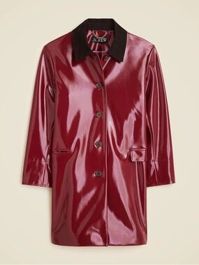 J. Crew Glossy Burgundy Trench Coat with Contrasting Corduroy Collar